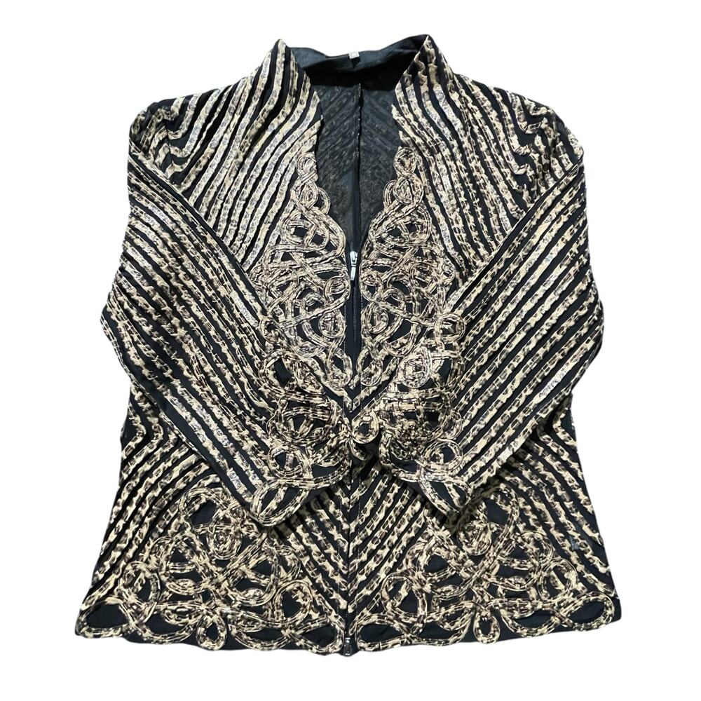 Womens Keke Collection Mesh Zip Jacket Black Animal Print Stitch Pattern Size XL